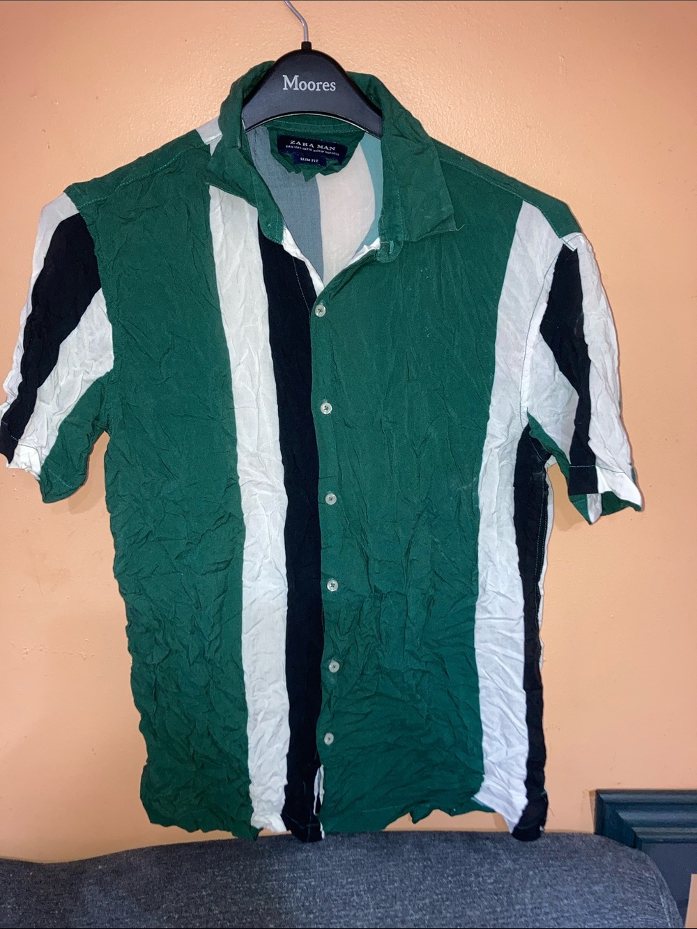 Zara Green, Black & White Vertical Stripe Short-Sleeve Button Shirt